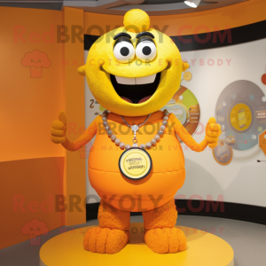 Yellow Orange mascot costume character dressed with a Vest and Necklaces