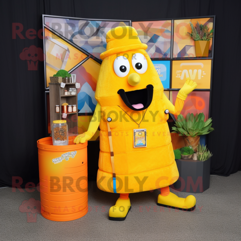 Yellow Orange mascot costume character dressed with a Vest and Necklaces