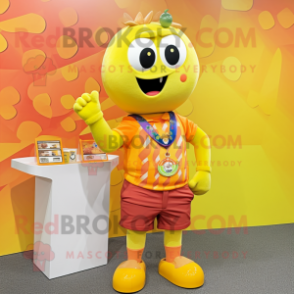 Yellow Orange mascot costume character dressed with a Vest and Necklaces