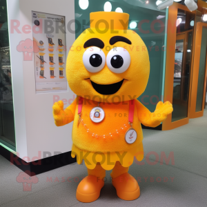 Yellow Orange mascot costume character dressed with a Vest and Necklaces