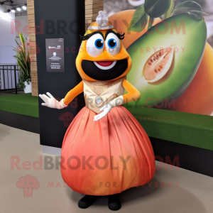 Peach Fajitas mascot costume character dressed with a Evening Gown and Bracelet watches