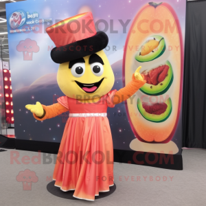 Peach Fajitas mascot costume character dressed with a Evening Gown and Bracelet watches