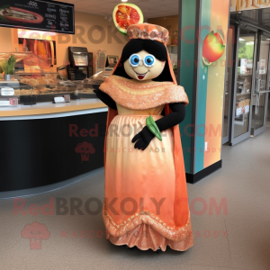 Peach Fajitas mascot costume character dressed with a Evening Gown and Bracelet watches