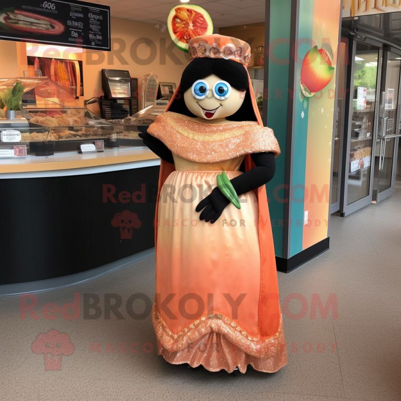 Peach Fajitas mascot costume character dressed with a Evening Gown and Bracelet watches
