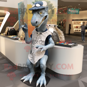 Silver Parasaurolophus mascot costume character dressed with a Graphic Tee and Handbags