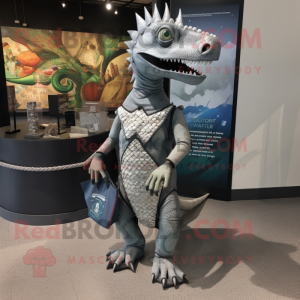 Silver Parasaurolophus mascot costume character dressed with a Graphic Tee and Handbags