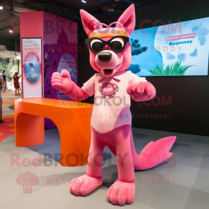 Pink Dingo mascot costume character dressed with a Culottes and Eyeglasses