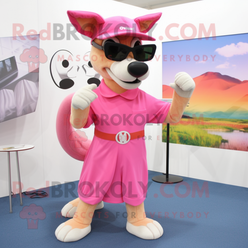 Pink Dingo mascot costume character dressed with a Culottes and Eyeglasses