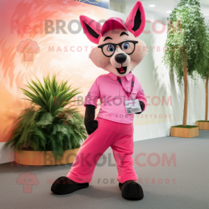 Pink Dingo mascot costume character dressed with a Culottes and Eyeglasses