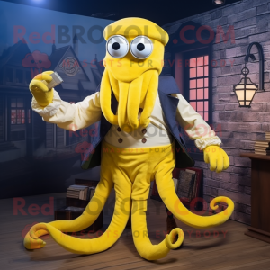 Yellow Kraken mascot costume character dressed with a Oxford Shirt and Cummerbunds