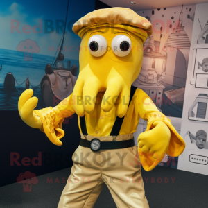 Yellow Kraken mascot costume character dressed with a Oxford Shirt and Cummerbunds