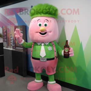 Pink Green Beer mascot costume character dressed with a Oxford Shirt and Hairpins