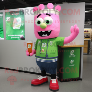 Pink Green Beer mascot costume character dressed with a Oxford Shirt and Hairpins