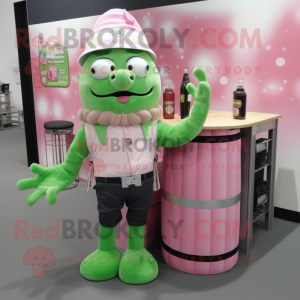 Pink Green Beer mascot costume character dressed with a Oxford Shirt and Hairpins