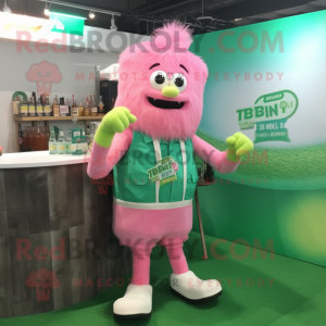 Pink Green Beer mascot costume character dressed with a Oxford Shirt and Hairpins