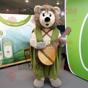 Olive Celtic Harp mascot costume character dressed with a Cardigan and Backpacks