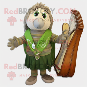 Olive Celtic Harp mascot costume character dressed with a Cardigan and Backpacks