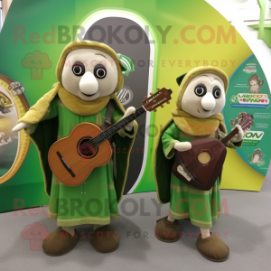 Olive Celtic Harp mascot costume character dressed with a Cardigan and Backpacks