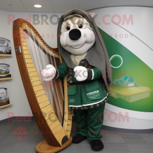 Olive Celtic Harp mascot costume character dressed with a Cardigan and Backpacks