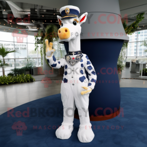 Navy Giraffe mascot costume character dressed with a Wedding Dress and Bracelet watches
