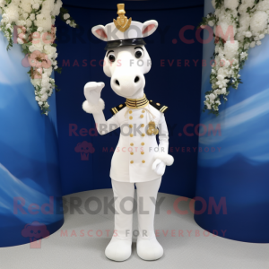 Navy Giraffe mascot costume character dressed with a Wedding Dress and Bracelet watches