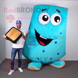 Cyan Pizza Slice mascot costume character dressed with a Long Sleeve Tee and Messenger bags