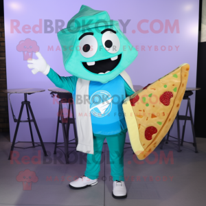 Cyan Pizza Slice mascot costume character dressed with a Long Sleeve Tee and Messenger bags