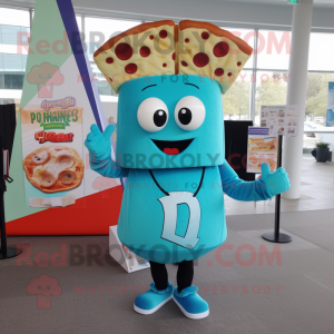 Cyan Pizza Slice mascot costume character dressed with a Long Sleeve Tee and Messenger bags