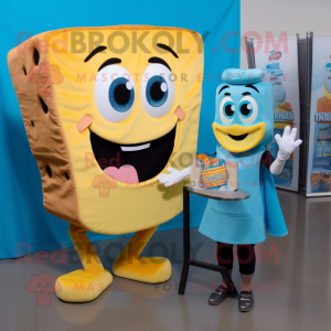 Cyan Grilled Cheese Sandwich mascot costume character dressed with a Flare Jeans and Tote bags