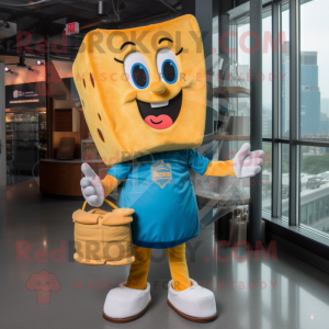 Cyan Grilled Cheese Sandwich mascot costume character dressed with a Flare Jeans and Tote bags