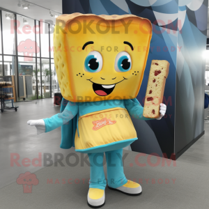 Cyan Grilled Cheese Sandwich mascot costume character dressed with a Flare Jeans and Tote bags