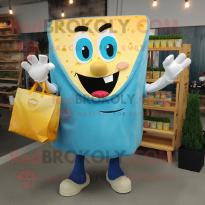 Cyan Grilled Cheese Sandwich mascot costume character dressed with a Flare Jeans and Tote bags