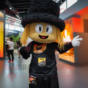 Black Pad Thai mascot costume character dressed with a Graphic Tee and Hat pins