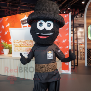 Black Pad Thai mascot costume character dressed with a Graphic Tee and Hat pins