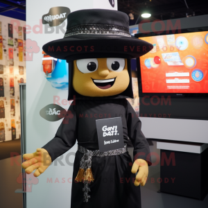 Black Pad Thai mascot costume character dressed with a Graphic Tee and Hat pins