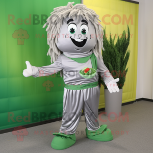 Silver Pesto Pasta mascot costume character dressed with a Jumpsuit and Shoe clips