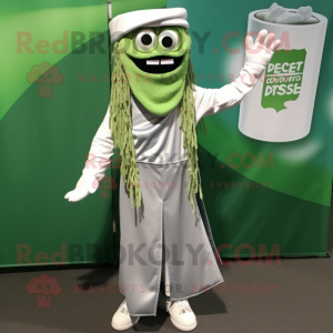 Silver Pesto Pasta mascot costume character dressed with a Jumpsuit and Shoe clips