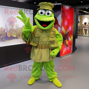Lime Green American Soldier mascot costume character dressed with a Dungarees and Shawls