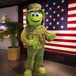 Lime Green American Soldier mascot costume character dressed with a Dungarees and Shawls