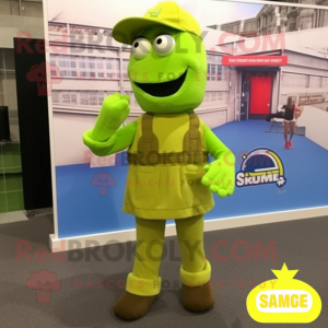 Lime Green American Soldier mascot costume character dressed with a Dungarees and Shawls