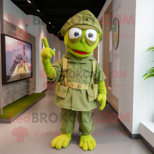 Lime Green American Soldier mascot costume character dressed with a Dungarees and Shawls