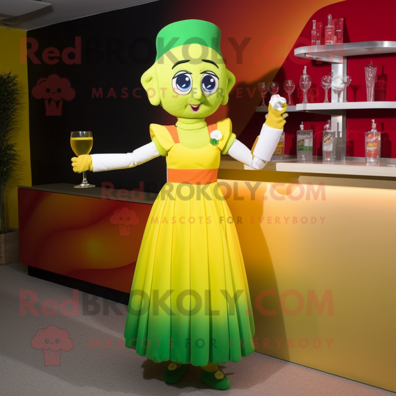Yellow Irish Flag mascot costume character dressed with a Cocktail Dress and Bracelets Yellow Irish Flag mascot costume character dressed with a Cocktail Dress and Bracelets