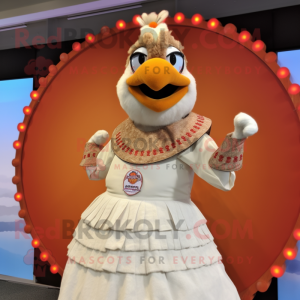 Beige Tandoori Chicken mascot costume character dressed with a Circle Skirt and Rings