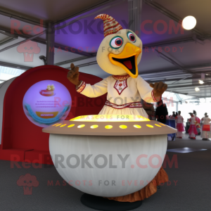 Beige Tandoori Chicken mascot costume character dressed with a Circle Skirt and Rings
