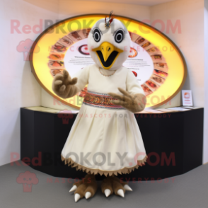 Beige Tandoori Chicken mascot costume character dressed with a Circle Skirt and Rings