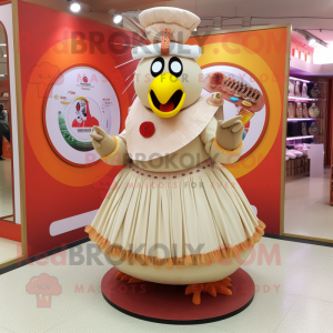 Beige Tandoori Chicken mascot costume character dressed with a Circle Skirt and Rings