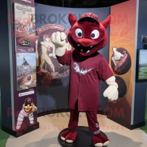 Maroon Bat mascot costume character dressed with a Baseball Tee and Lapel pins