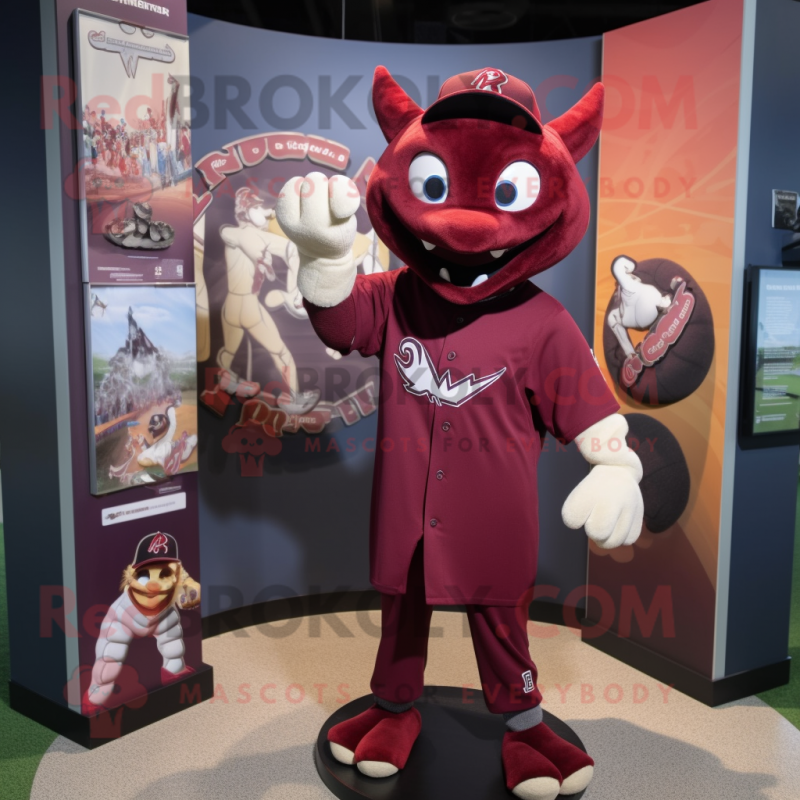 Maroon Bat mascot costume character dressed with a Baseball Tee and Lapel pins Maroon Bat mascot costume character dressed with a Baseball Tee and Lapel pins