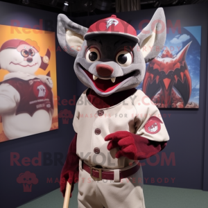 Maroon Bat mascot costume character dressed with a Baseball Tee and Lapel pins