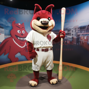 Maroon Bat mascot costume character dressed with a Baseball Tee and Lapel pins